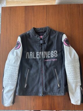 Arlen Ness Black & White Leather Motorcycle Jacket with Pink Accents